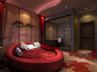 Elegant Hotel Guest Room With Red Round Bed White Pillows Open Bathroom And Decorative Wall 3d model