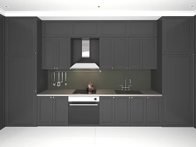Modern Gray Kitchen Cabinets With White Countertop Range Hood And Sink 3d model