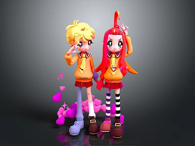 Cartoon Game Characters With Blonde Red Hair Green Eyes Orange Hoodies Red Skirts And Pink Elements 3d model