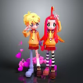 Cartoon Game Characters With Blonde Red Hair Green Eyes Orange Hoodies Red Skirts And Pink Elements