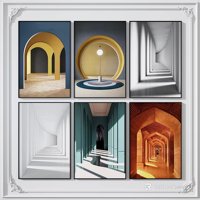 Architectural Landscape Painting Featuring Geometric Arches Corridors And Light Shadow Effects 3d model