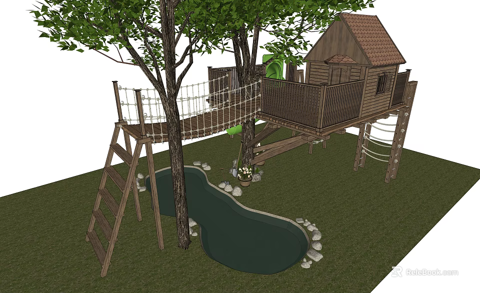 Fun Backyard Treehouse Design With Rope Bridge Wooden Ladder Small Pond And Grass Area 3d model 