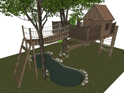 Fun Backyard Treehouse Design With Rope Bridge Wooden Ladder Small Pond And Grass Area 3d model