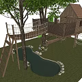Fun Backyard Treehouse Design With Rope Bridge Wooden Ladder Small Pond And Grass Area