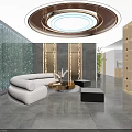 Modern Elevator Hallway Design With Wooden Doors Wall Lamps Green Plants And Gray Floor Tiles
