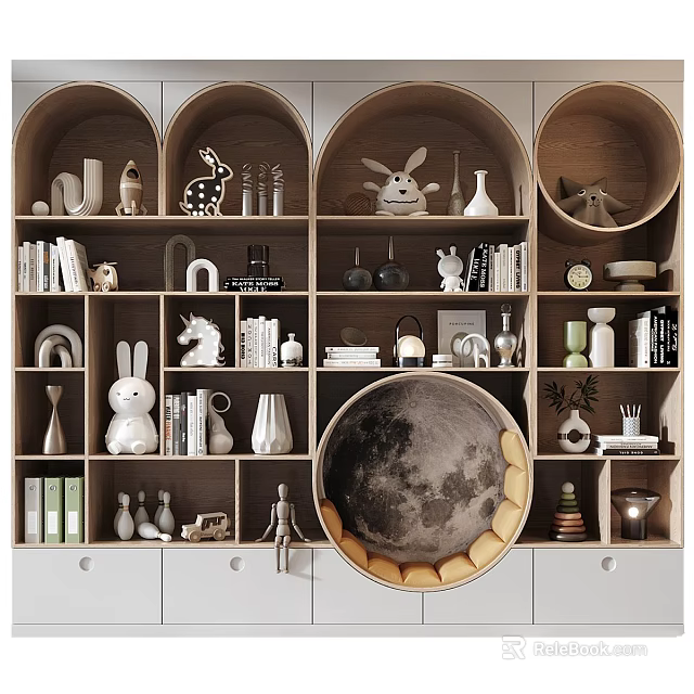 Stylish Wooden Wardrobe With Open Shelves Decorative Rabbit Figurines Vases Books And Moon Shaped Design 3d model 