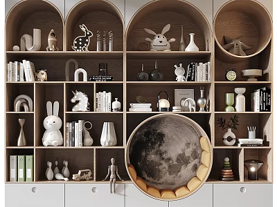 Stylish Wooden Wardrobe With Open Shelves Decorative Rabbit Figurines Vases Books And Moon Shaped Design 3d model