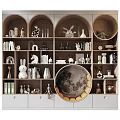 Stylish Wooden Wardrobe With Open Shelves Decorative Rabbit Figurines Vases Books And Moon Shaped Design