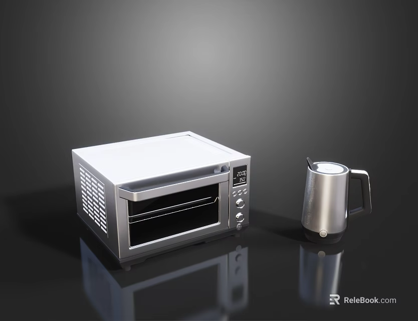 Sleek Modern Stainless Steel Kitchen Appliances Featuring Toaster Oven And Kettle On Black Reflective Surface 3d model 