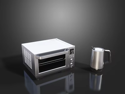Sleek Modern Stainless Steel Kitchen Appliances Featuring Toaster Oven And Kettle On Black Reflective Surface 3d model