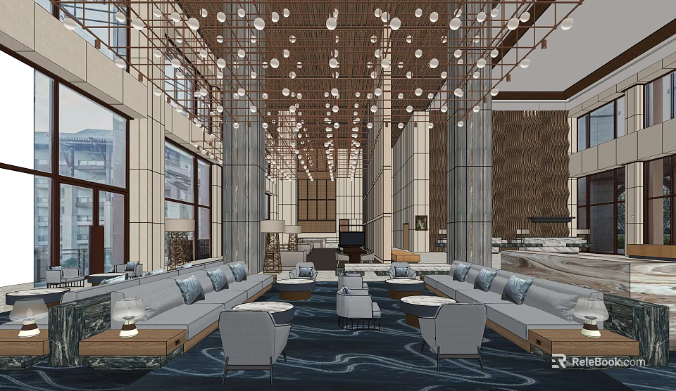 Luxurious Hotel Lobby Interior With Hanging Lights Spacious Seating And Modern Decor 3d model 