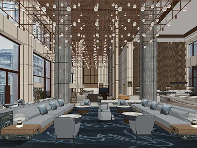 Luxurious Hotel Lobby Interior With Hanging Lights Spacious Seating And Modern Decor 3d model