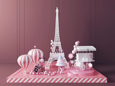 Pink Themed Inflatable Eiffel Tower Hot Air Balloons And Carousel Decorations For Party 3d model