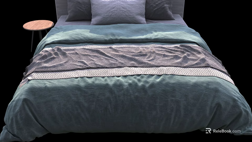 Cozy Double Bed with Dark Blue Duvet Textured Blanket Pillows and Wooden Bedside Table 3d model 