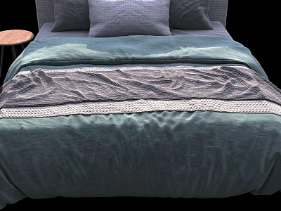 Cozy Double Bed with Dark Blue Duvet Textured Blanket Pillows and Wooden Bedside Table 3d model