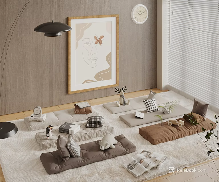 Cozy Living Space With Floor Cushions And Decorations 3d model