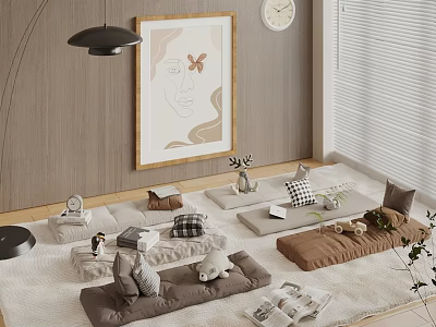 Cozy Living Space With Floor Cushions And Decorations 3d model
