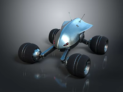 Futuristic Silver Metallic Robotic Vehicle With Four Large Wheels And Top Antennas 3d model