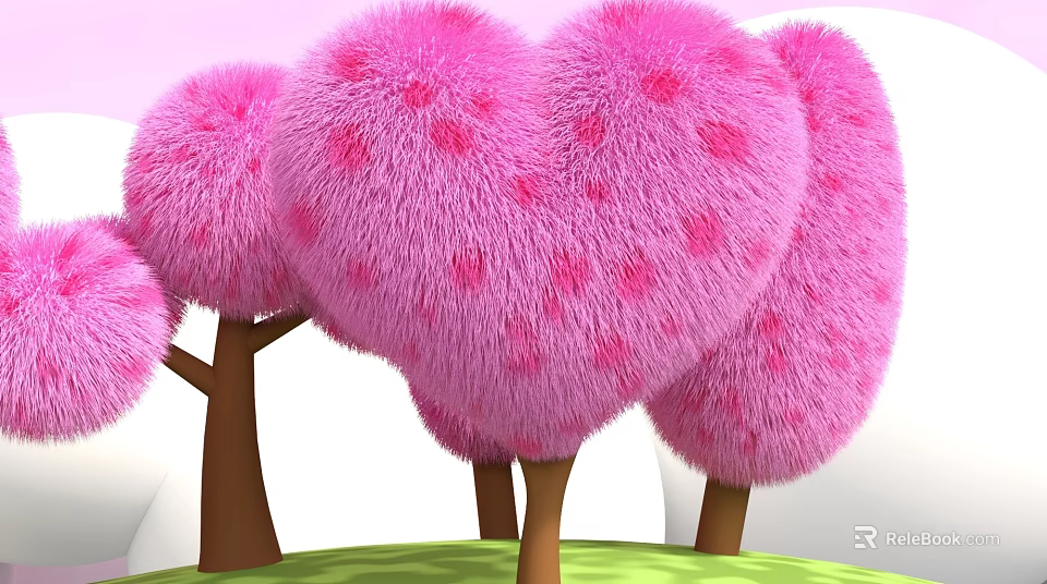 Pink Heart Shaped Fluffy Trees with Brown Trunks on Green Grass and Pink Sky Background 3d model 