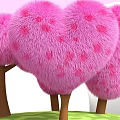 Pink Heart Shaped Fluffy Trees with Brown Trunks on Green Grass and Pink Sky Background