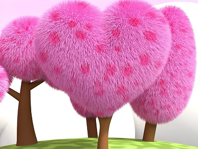 Pink Heart Shaped Fluffy Trees with Brown Trunks on Green Grass and Pink Sky Background 3d model