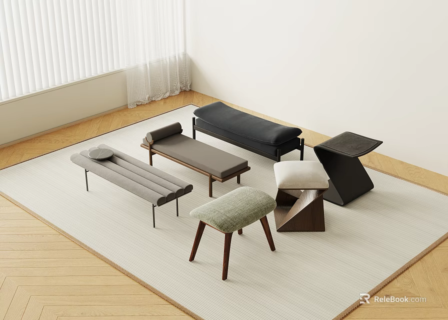 Different Designed Stools With Various Materials Shapes And Wooden Legs On Carpet 3d model 