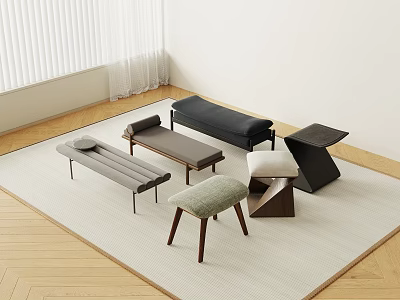 Different Designed Stools With Various Materials Shapes And Wooden Legs On Carpet 3d model