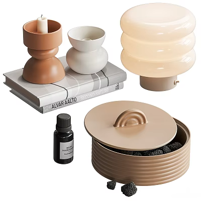 Decorative Ornament Set with Ceramic Candle Holders Lamp Book Essential Oil Bottle and Lidded Container 3d model