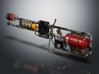 Mechanical Custom Weapon Featuring Red Gas Cylinder Metal Structure And Yellow Black Parts 3d model