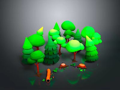 Vibrant Natural Scene With Green Trees And Orange Elements On Dark Background 3d model