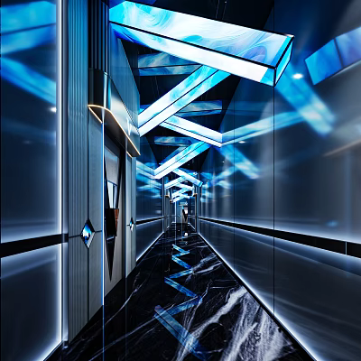 Modern KTV Corridor Design With Futuristic Lighting And Marble Floor 3d model