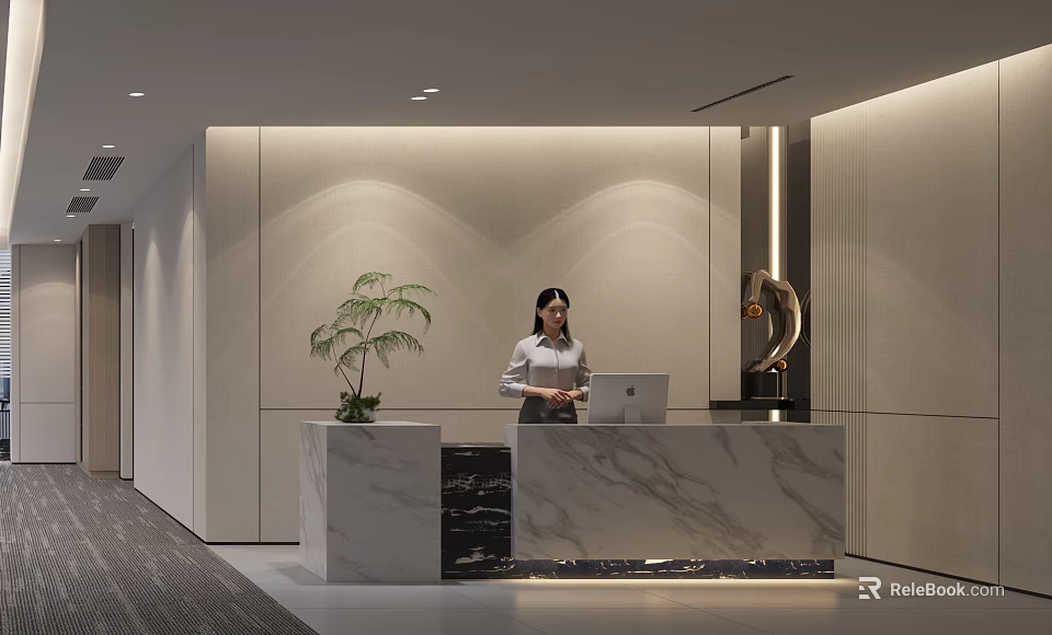 Modern Front Desk Reception Area With Marble Desk Receptionist Green Plant And Decorative Sculpture 3d model 