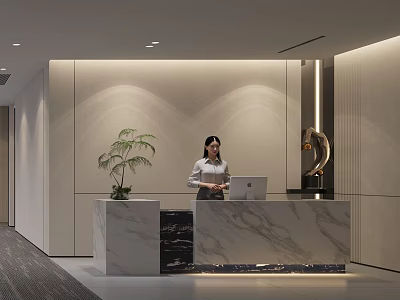 Modern Front Desk Reception Area With Marble Desk Receptionist Green Plant And Decorative Sculpture 3d model
