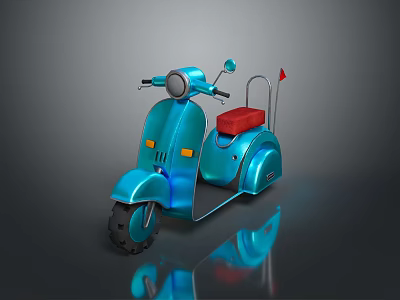 3D Rendered Blue Retro Scooter With Red Seat And Shiny Metallic Finish 3d model