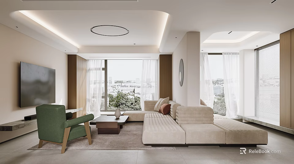 Modern Living Dining Room Interior With Beige Sofa Coffee Table Green Chair And Large Windows 3d model 