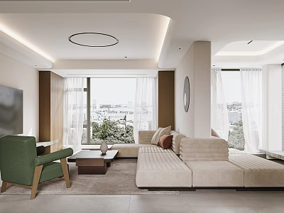 Modern Living Dining Room Interior With Beige Sofa Coffee Table Green Chair And Large Windows 3d model