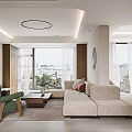 Modern Living Dining Room Interior With Beige Sofa Coffee Table Green Chair And Large Windows