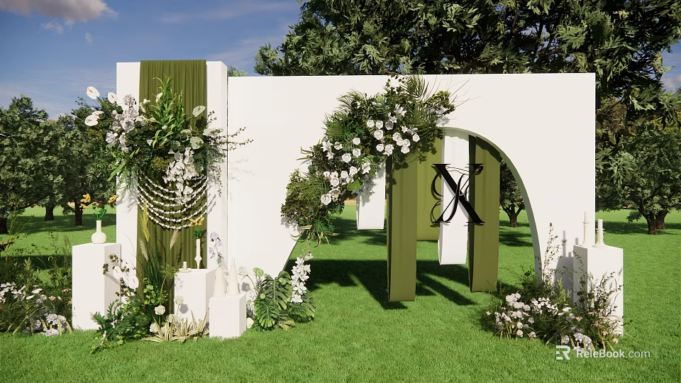 Outdoor Wedding Arch Decoration With White Green Flowers And Lawn Setting 3d model 