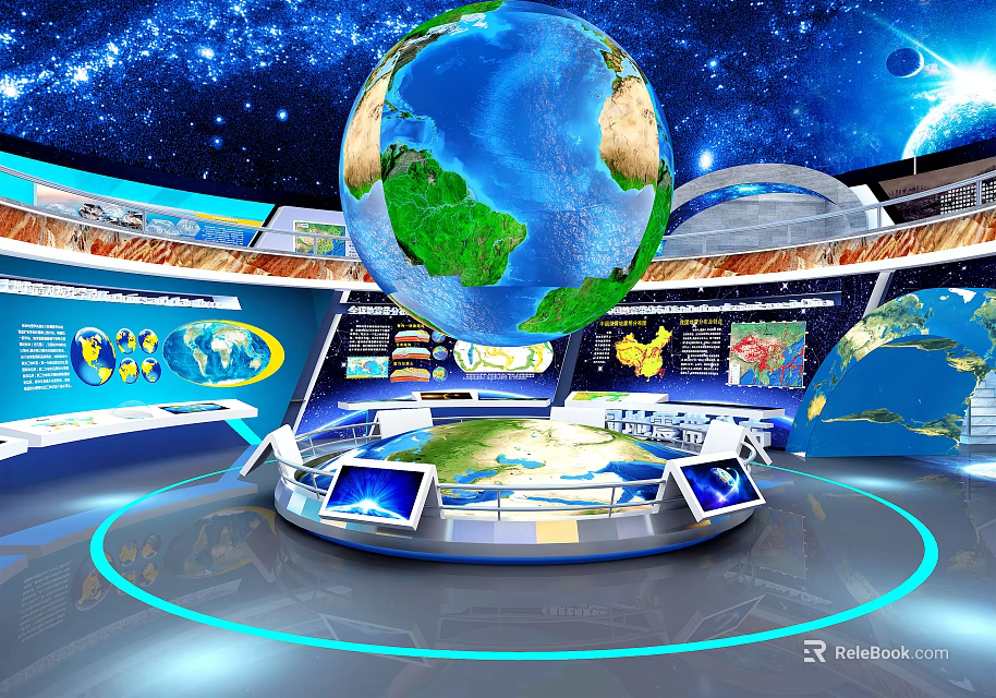 Interactive Global Technology Display With 3D Globe Multiple Screens And Starry Space Background 3d model