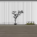 White Vertical Stripe Curtain with Small Potted Plant and Fruit Tray