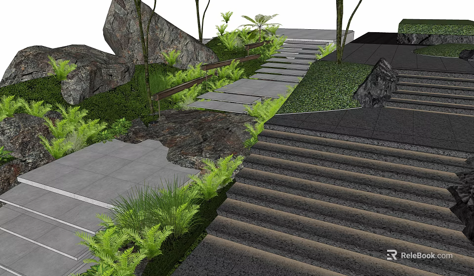 Outdoor Stone Stairs in Lush Green Garden With Natural Rocks and Pathway 3d model 