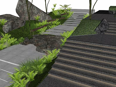 Outdoor Stone Stairs in Lush Green Garden With Natural Rocks and Pathway 3d model
