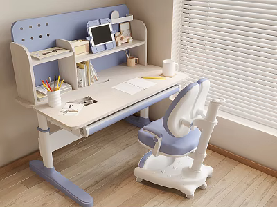 Kids Adjustable Blue White Study Desk and Chair Set With Storage Shelf for Learning Space 3d model