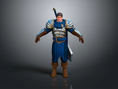 Man in Blue Medieval Warrior Armor with Silver Shoulder Plates Sword and Brown Boots 3d model