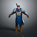 Man in Blue Medieval Warrior Armor with Silver Shoulder Plates Sword and Brown Boots