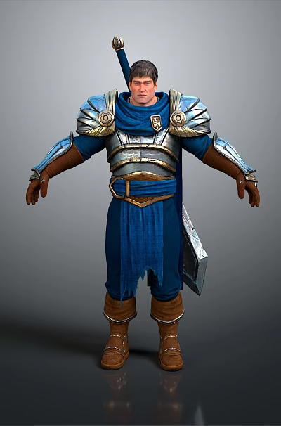 Man in Blue Medieval Warrior Armor with Silver Shoulder Plates Sword and Brown Boots 3d model