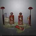Abandoned Gas Station Scene With Red Gas Pumps Street Lamps Weeds And Broken Pipes