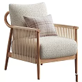 Modern Accent Chair With Wooden Frame Rattan Sides Light Gray Seat And Plaid Pillow