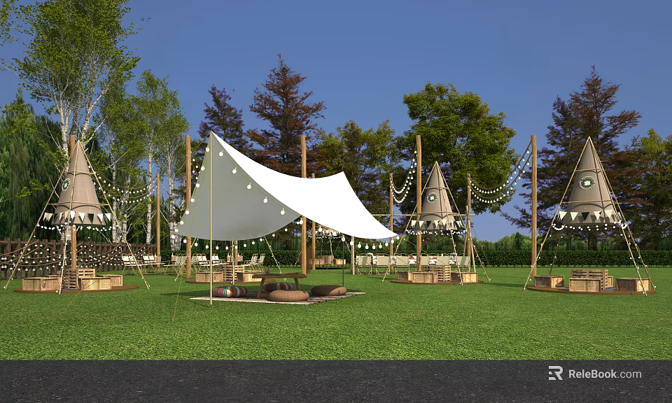 Scenic Camping Site With Teepee Tents Green Grass Fire Pit And String Lights 3d model