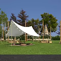Scenic Camping Site With Teepee Tents Green Grass Fire Pit And String Lights 3d model